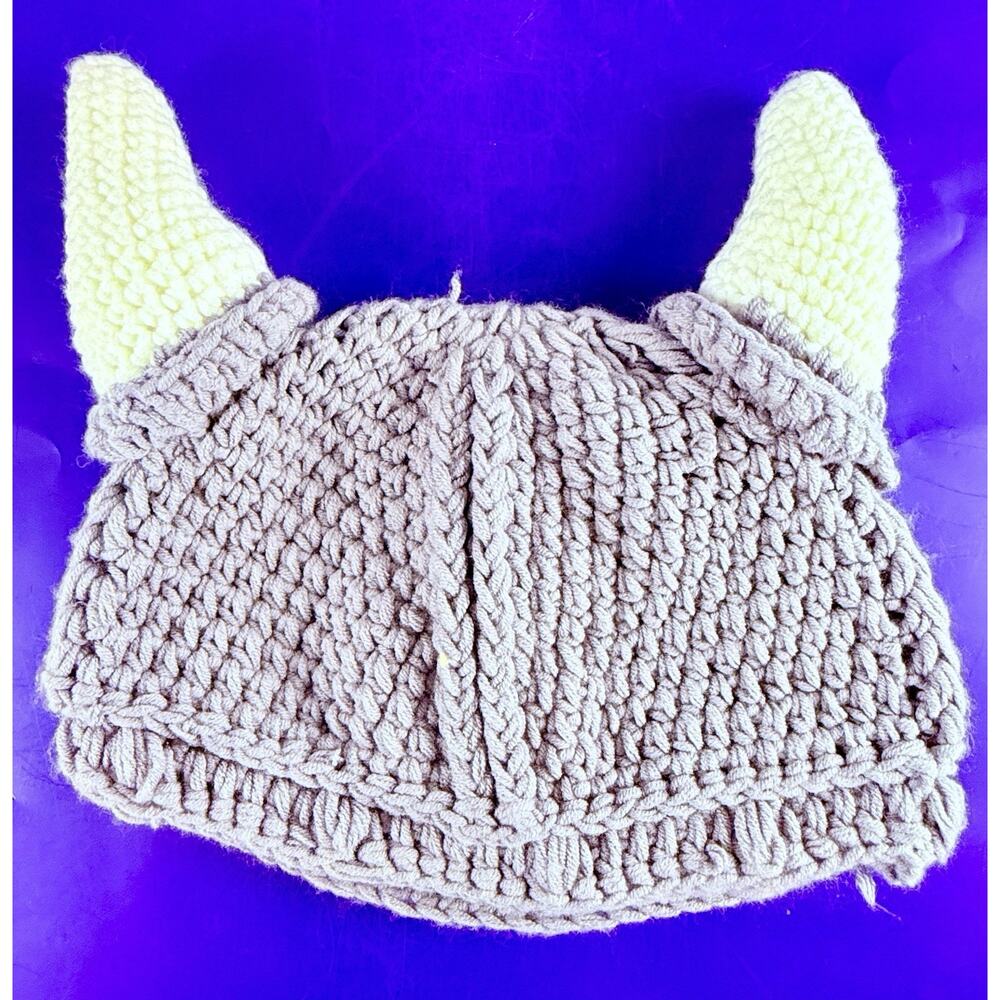 Viking Crochet Knitted Beanie Horn Barbarian Hat Stretchy Skull Cap Funny Ox